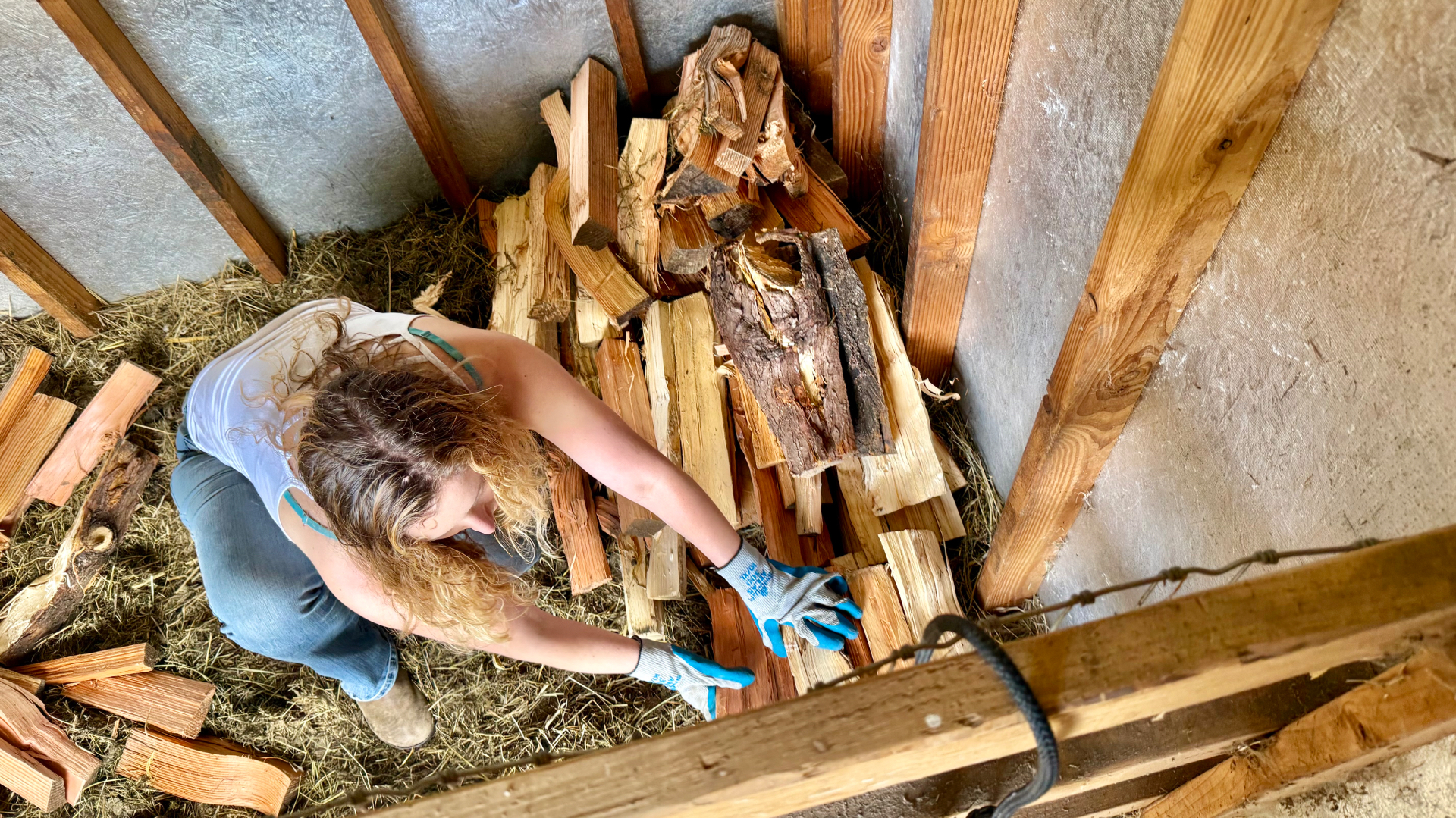 A woman with long curly blonde hair and blue work gloves stacking split firewood on the straw-covered floor of a wooden shed