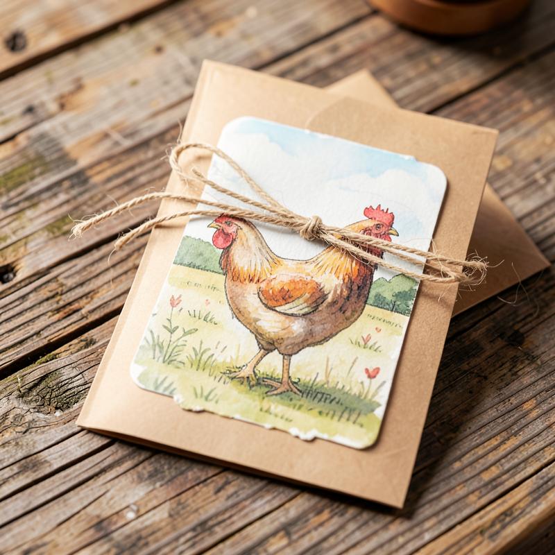 Hand-painted watercolor chicken gift card tied with twine on weathered wood