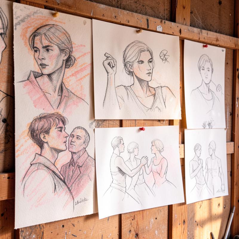 Charcoal and pastel life drawings pinned to a wooden studio wall