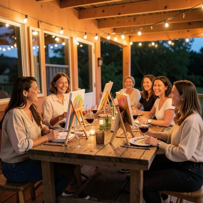 Friends painting at easels on a lit farm porch in the evening