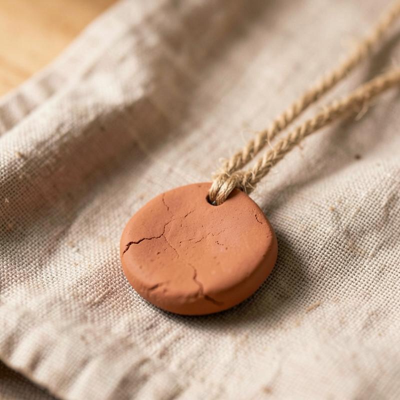 Hand-carved terracotta clay pendant on a twine cord resting on linen