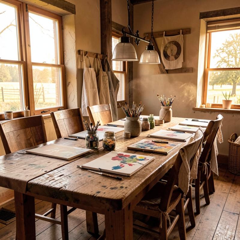 Farmhouse studio table set with sketchbooks, brushes and linen aprons