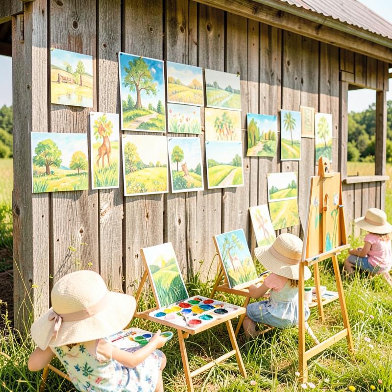 Children painting at small easels beside a barn wall hung with artwork